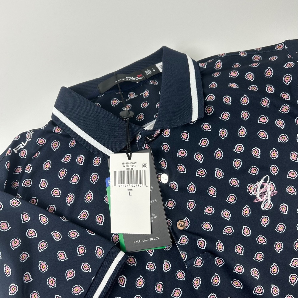 RLX Ralph Lauren WMNS L Golf Polo Navy Pink Paisley Print Wicking Shirt NEW